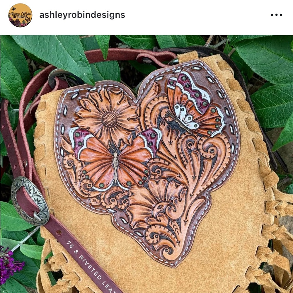 Handmade One of a Kind Leather Butterfly Purse Tan and Brown Fringe Bag